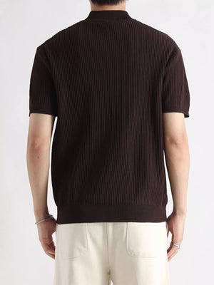 Men's dark brown ribbed knit mock neck short sleeve t-shirt