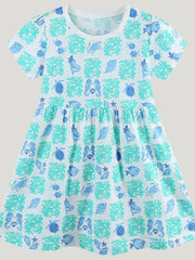 Toddler cotton dress with ocean print, featuring sea creatures and coral in blue and green.