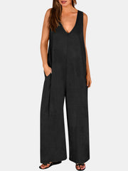 Black V-neck sleeveless palazzo jumpsuit with wide legs and pockets