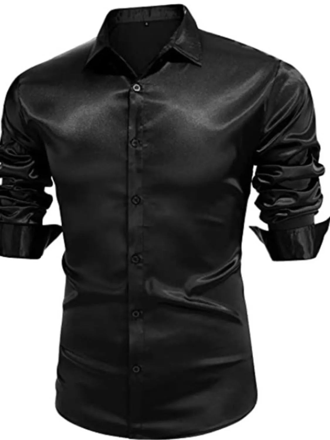 Black satin finish slim fit button-down shirt with ruched sleeves
