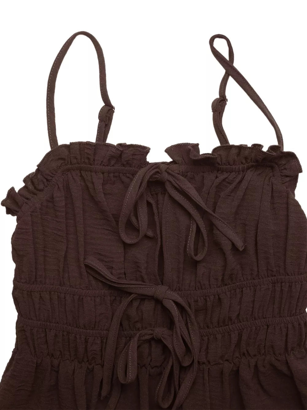 Charming Tie-front Midi Dress in coffee brown with ruffled neckline and tie details.