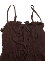 Charming Tie-front Midi Dress in coffee brown with ruffled neckline and tie details.