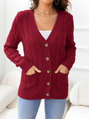Deep Red cable-knit cardigan with buttons and pockets, acrylic material.