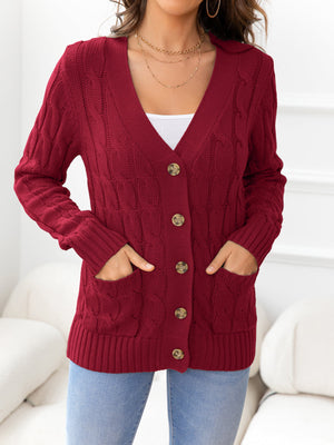 Deep Red cable-knit cardigan with buttons and pockets, acrylic material.