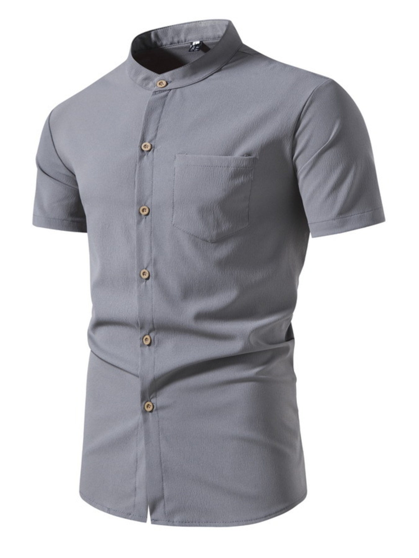 Men's grey short-sleeve button-up shirt with band collar and chest pocket