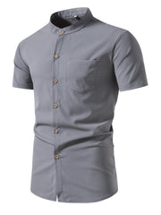 Men's grey short-sleeve button-up shirt with band collar and chest pocket