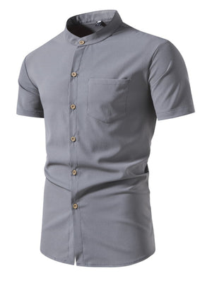 Men's grey short-sleeve button-up shirt with band collar and chest pocket