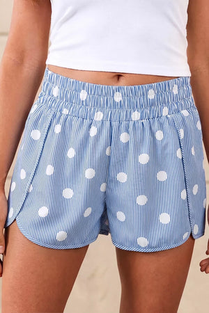 Blue and white striped polka dot shorts with elastic waist and curved hem.
