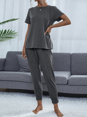 Charcoal relaxed-fit tee and jogger set with crew neck and cuffed ankles.