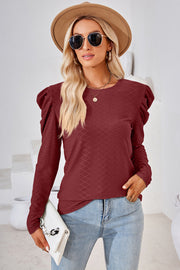Burgundy textured puff-sleeve crew neck top with allover diamond pattern