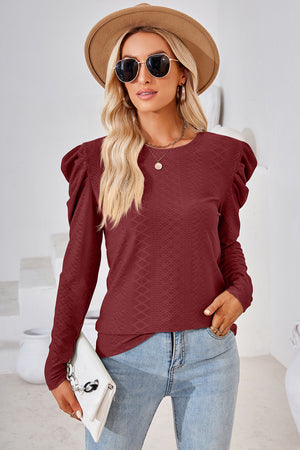 Burgundy textured puff-sleeve crew neck top with allover diamond pattern