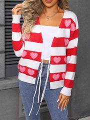 Red and white striped acrylic cardigan with pink hearts, tie-front closure.