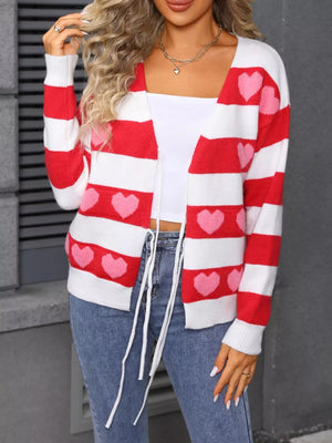 Red and white striped acrylic cardigan with pink hearts, tie-front closure.