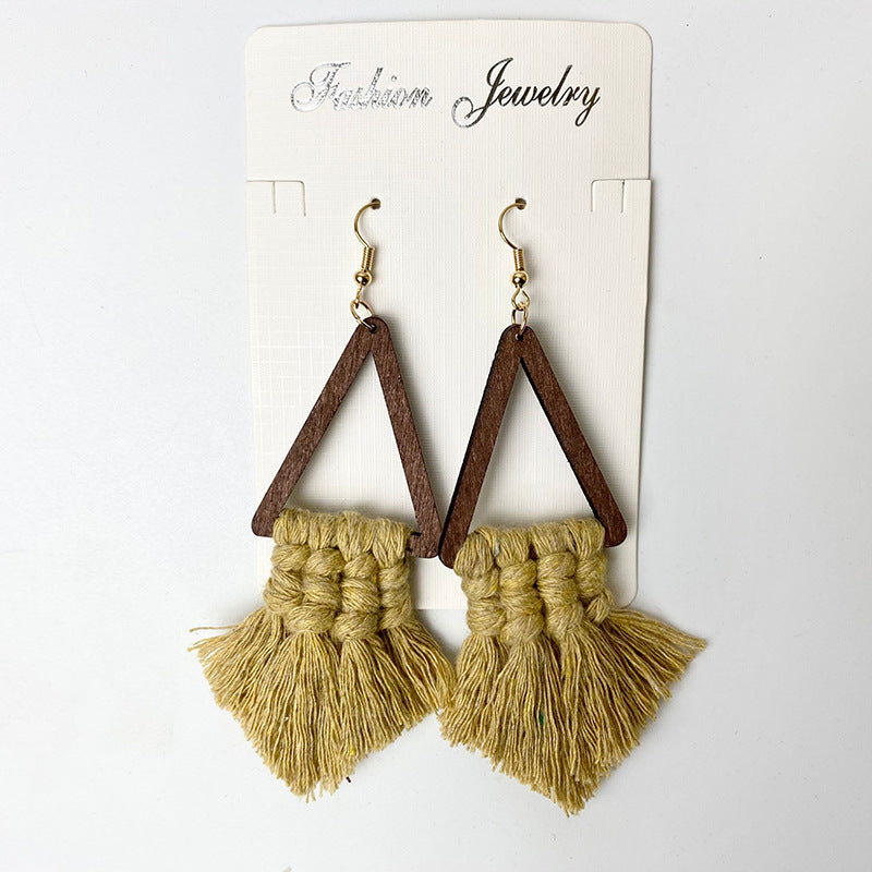 Macrame triangle tassel earrings with wooden frames in camel color.