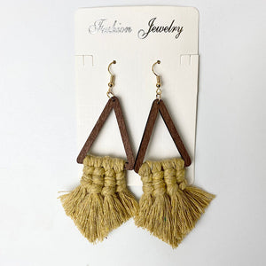 Macrame triangle tassel earrings with wooden frames in camel color.