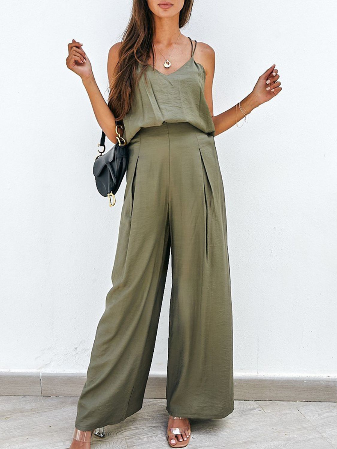 Matcha green cami and pleated palazzo pants set with spaghetti straps and wide legs.