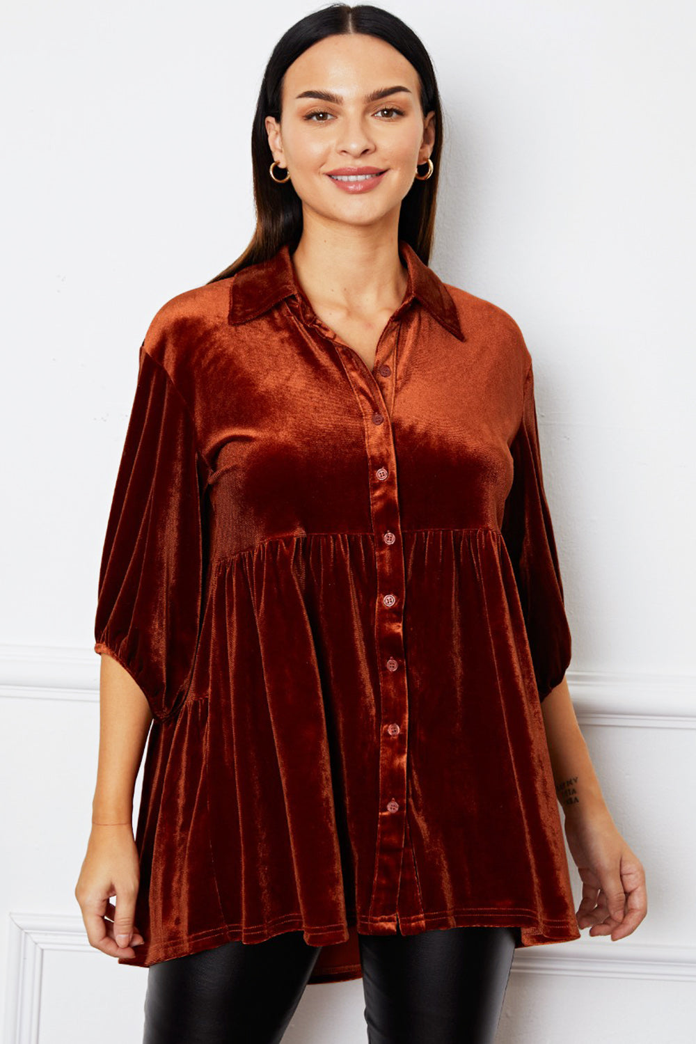 Tiered velvet button-down tunic in Chestnut with puff sleeves and a collared neckline.