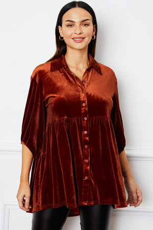 Tiered velvet button-down tunic in Chestnut with puff sleeves and a collared neckline.