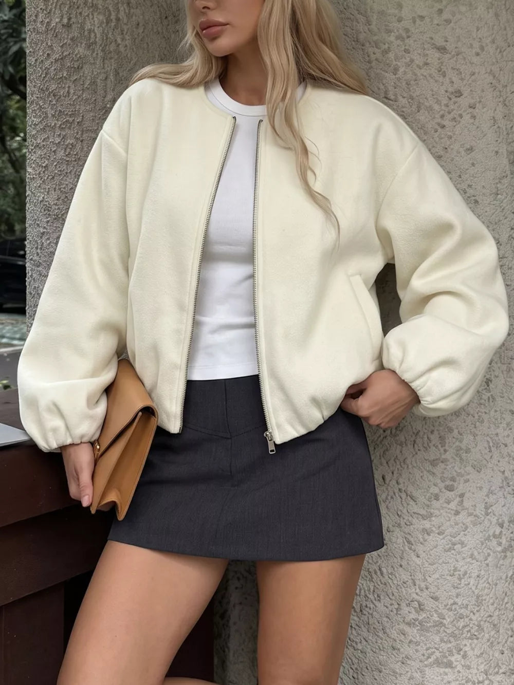 Fleece Bomber Jacket With Zipper in Apricot, side view