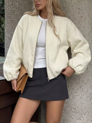 Fleece Bomber Jacket With Zipper in Apricot, side view