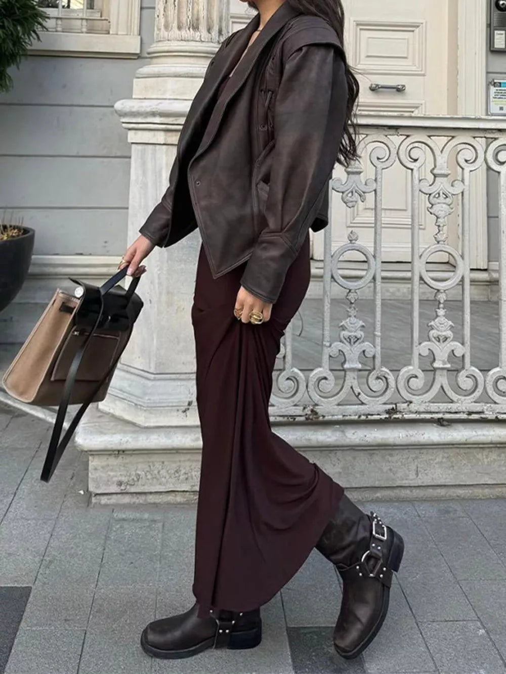 Belted Leather Jacket With Shawl Collar in Dark Brown, close-up detail