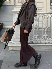 Belted Leather Jacket With Shawl Collar in Dark Brown, close-up detail