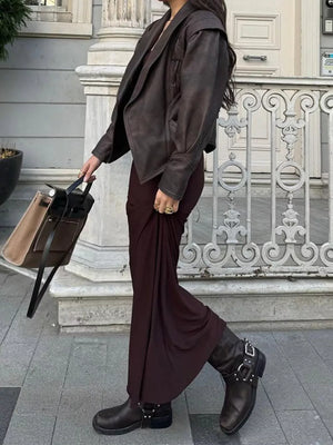 Belted Leather Jacket With Shawl Collar in Dark Brown, close-up detail