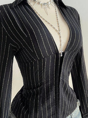Striped Long Sleeve Fitted Blouse, fit detail