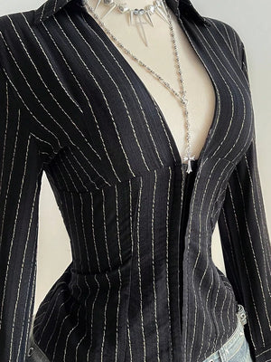 Striped Long Sleeve Fitted Blouse, fit detail