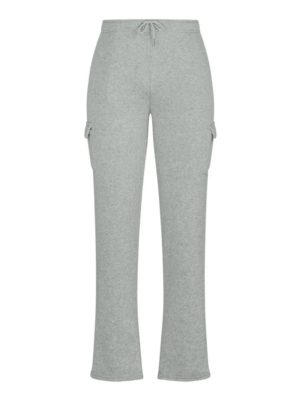 Gray fleece cargo joggers with drawstring waist and side pockets.
