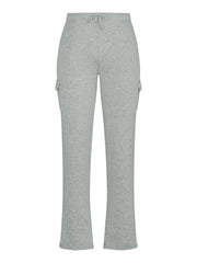Gray fleece cargo joggers with drawstring waist and side pockets.