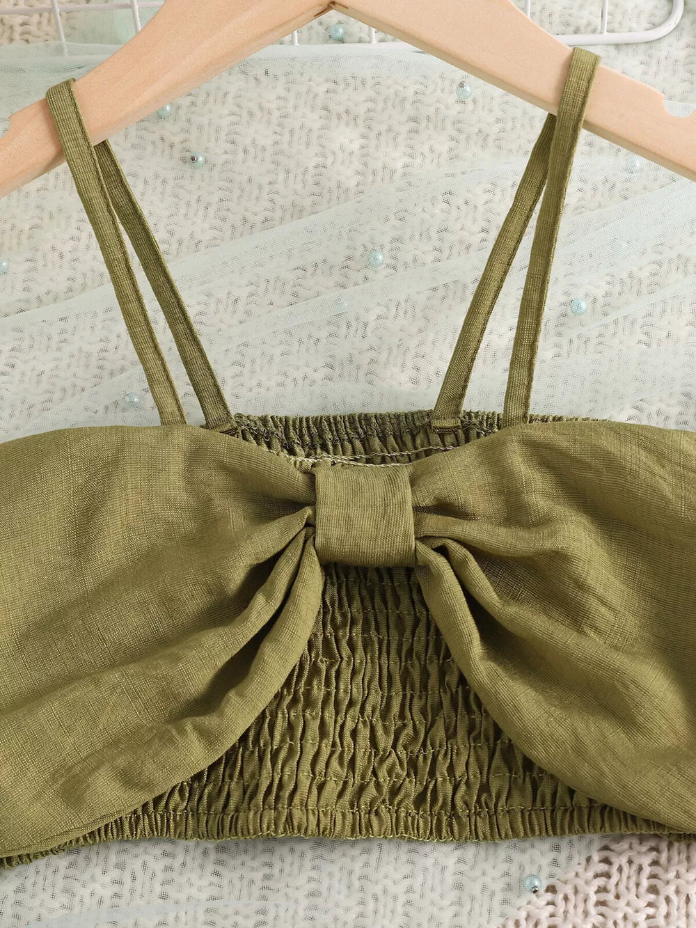 Children's Smocked Bow Cami And Pants Set in Olive, close-up detail