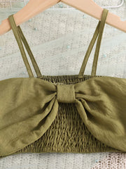 Children's Smocked Bow Cami And Pants Set in Olive, close-up detail