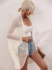 White open-weave kimono duster with batwing sleeves and a relaxed fit.