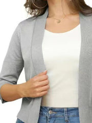 Light Gray open-front cropped cardigan with elbow sleeves and a relaxed fit.