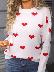 White knit sweater with red hearts, crew neck, long sleeves, casual style