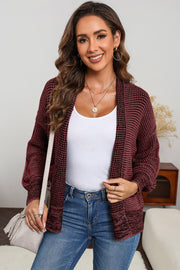 Textured open-front knit cardigan in Wine with a waffle knit pattern and relaxed fit.