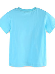 Toddler blue graphic t-shirt with crew neck and short sleeves.