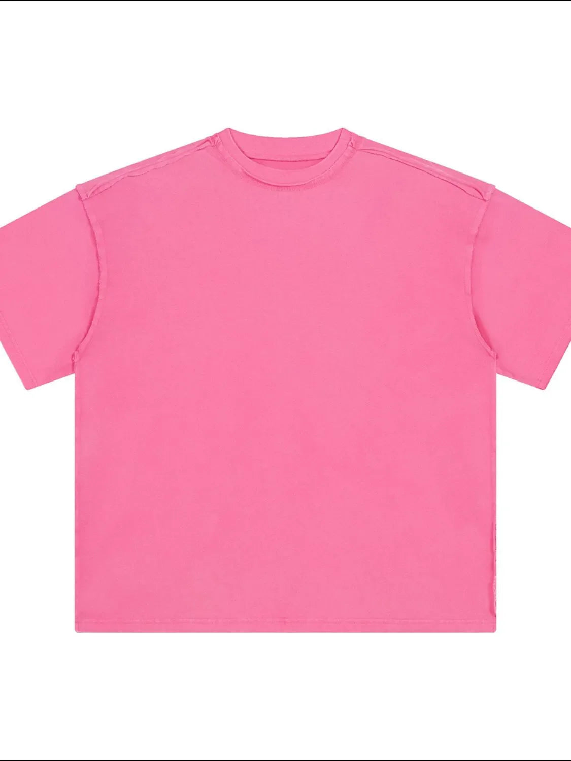 Hot pink washed cotton tee with raw seams and crew neck.