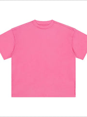 Hot pink washed cotton tee with raw seams and crew neck.