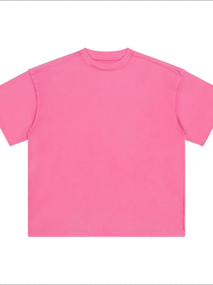 Hot pink washed cotton tee with raw seams and crew neck.