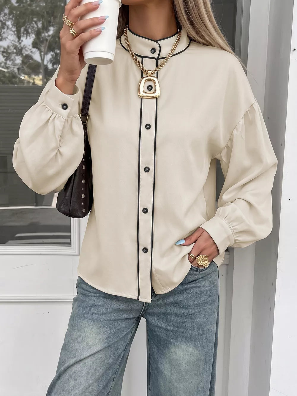 Contrast Trim Long Sleeve Shirt in Beige, side view