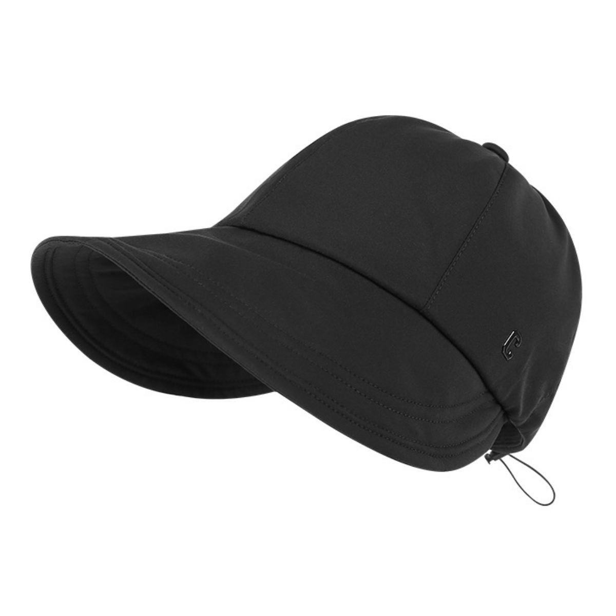 Black adjustable bucket hat with drawstring and subtle logo detail