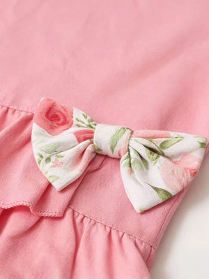 Pink ruffle top with floral bow detail, baby girl outfit