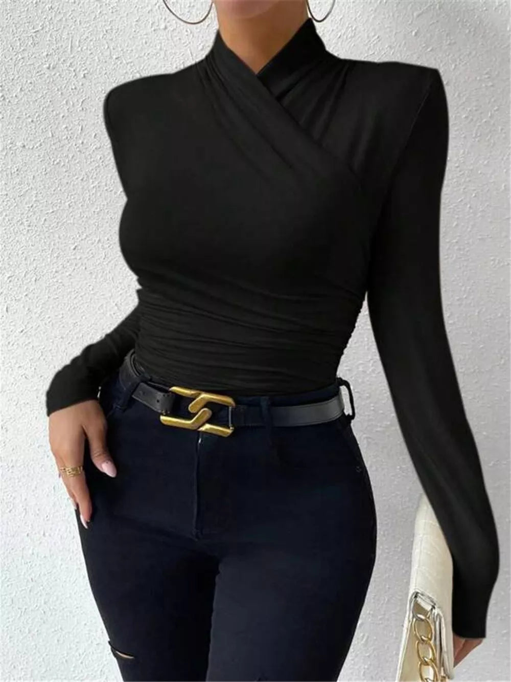 Ruched Long Sleeve Slim Fit Top in Black, alternate angle