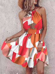 Bohemian Printed Halter Mini Dress in Sherbet, back view