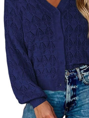 V-neck Openwork Button-down Knit Cardigan in White, view 18
