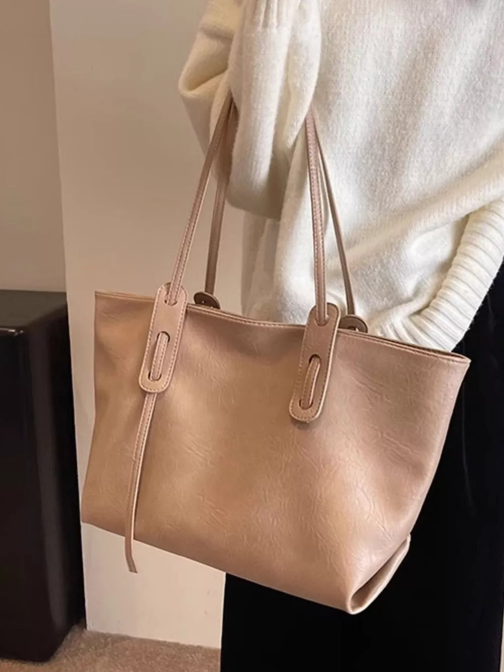 Khaki large pu leather shoulder bag with dual straps and a minimalist design.