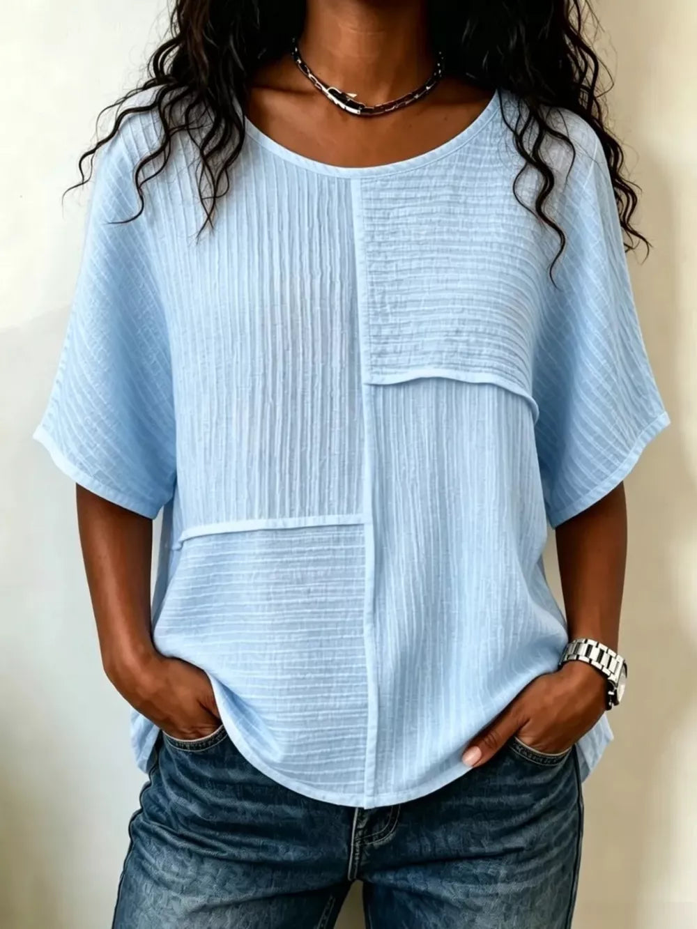 Full Size Texture Round Neck Half Sleeve Blouse, close-up detail