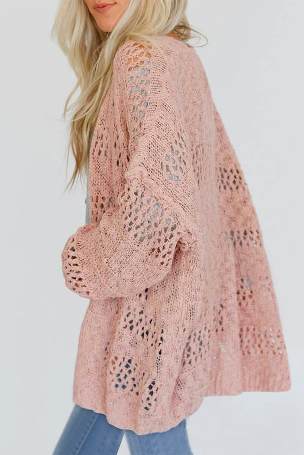 Dusty pink open-knit acrylic slouch cardigan with a relaxed fit and airy texture.